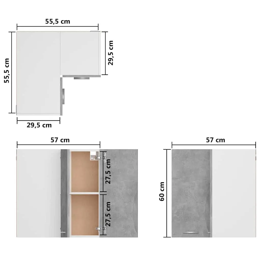 Corner Kitchen Cabinet Grey Wall Mount Storage Unit 57W x 57D x 60H cm