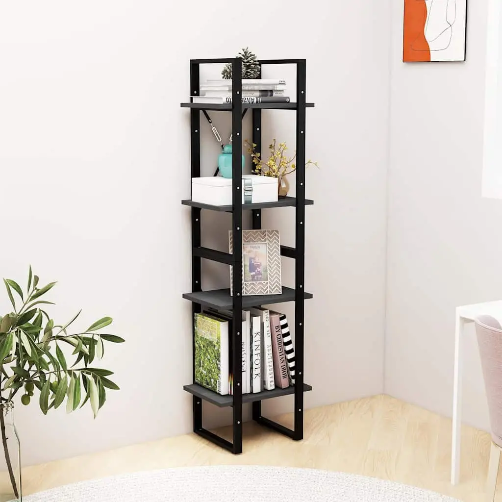 4-Tier Book Cabinet Grey Storage Shelving Unit Solid Pine Wood Bookcase Display