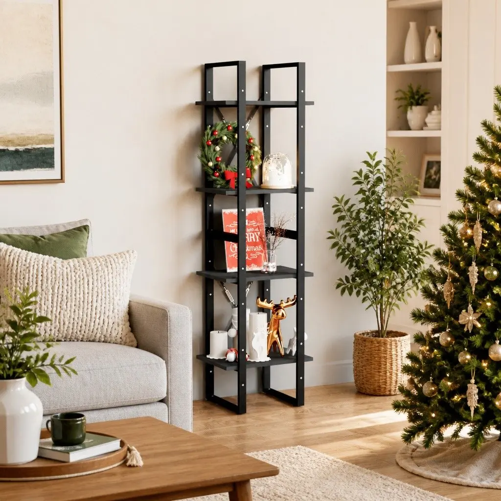 4-Tier Book Cabinet Storage Solid Pine Wood 40x30x140 cm Black