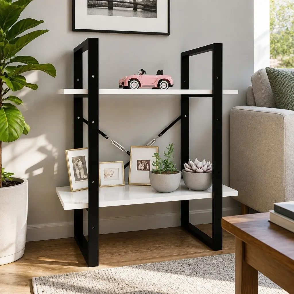 Book Cabinet 2-Tier Storage Shelves 60x30x70cm White Standing Bookcase