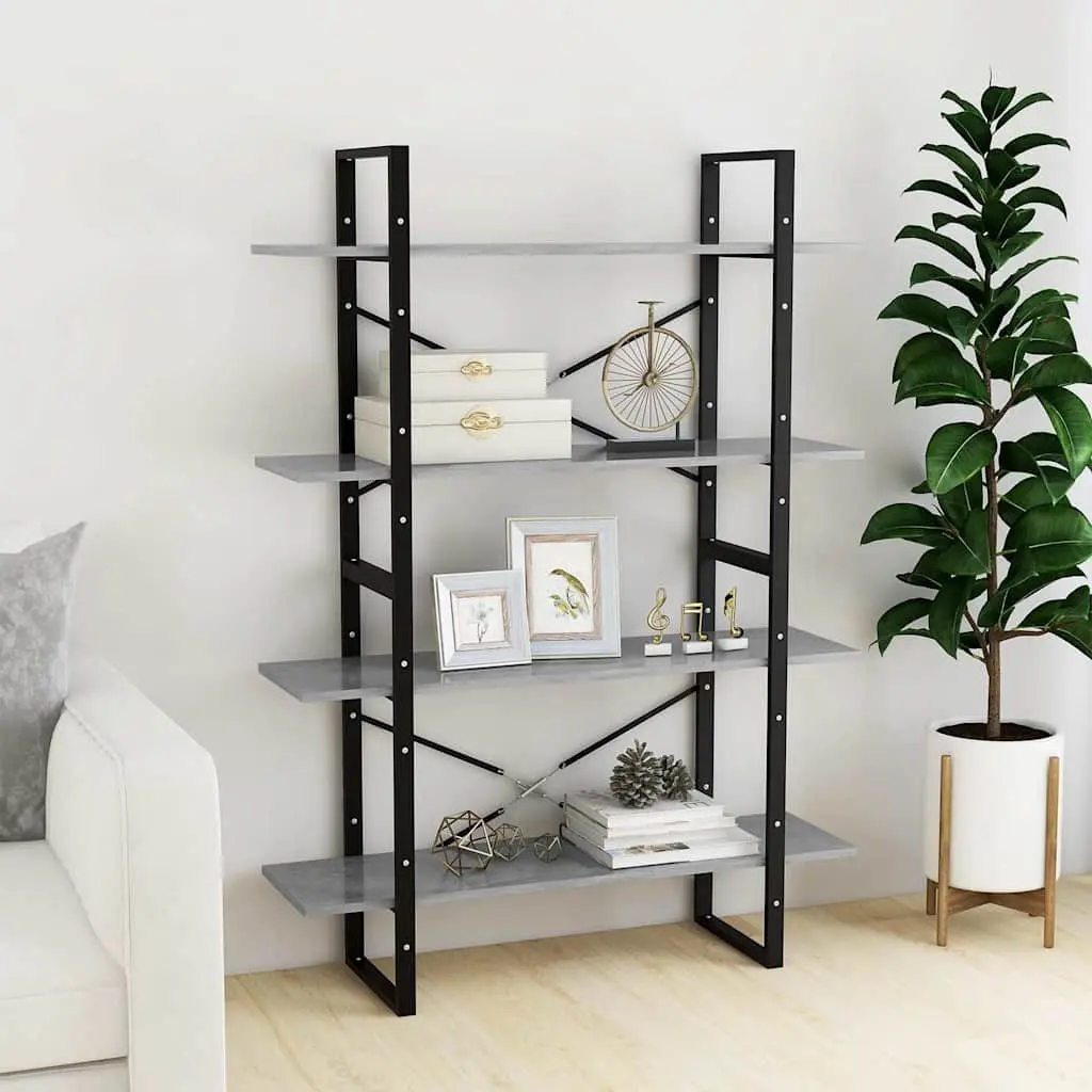 4-Tier Book Cabinet Grey Concrete Standing Shelf Engineered Wood Storage Display