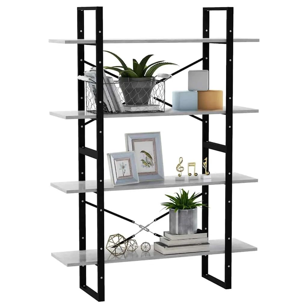 4-Tier Book Cabinet Grey Concrete Standing Shelf Engineered Wood Storage Display