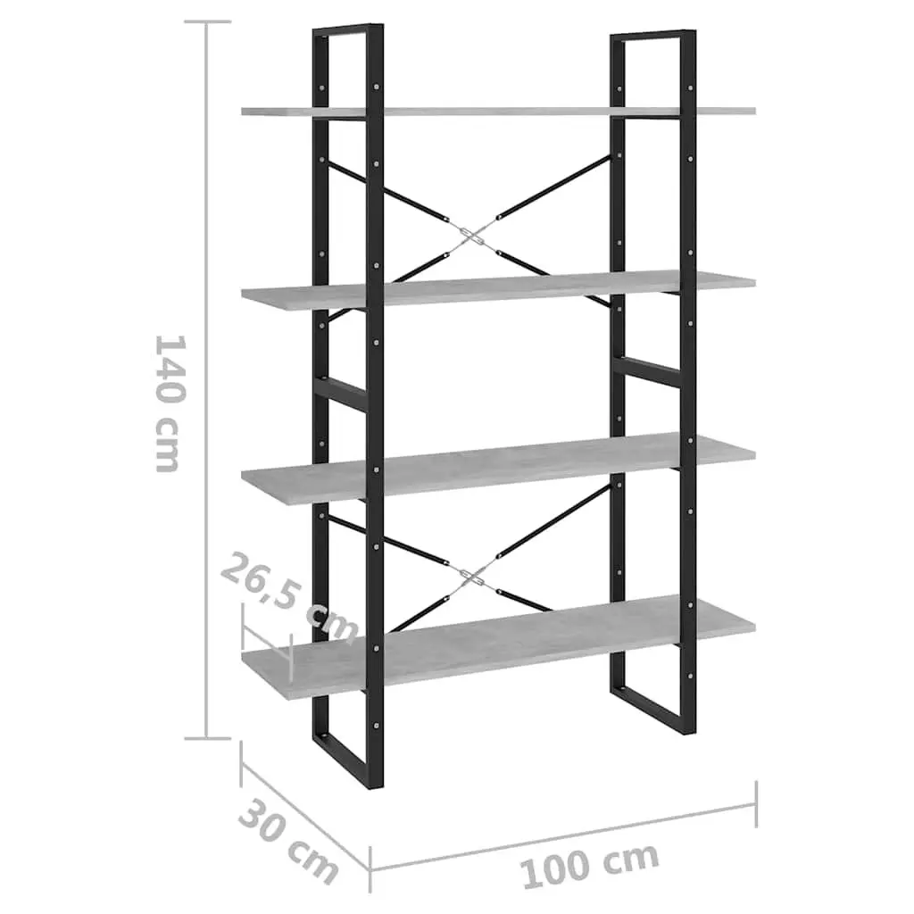 4-Tier Book Cabinet Grey Concrete Standing Shelf Engineered Wood Storage Display