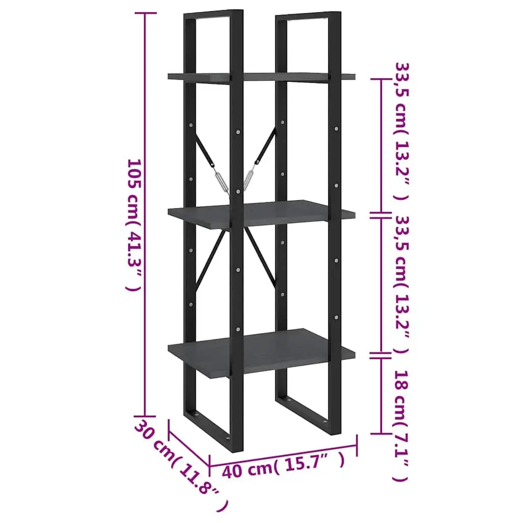 3-Tier Bookcase Wooden Shelving Unit Storage Display Grey 40x30x105 cm