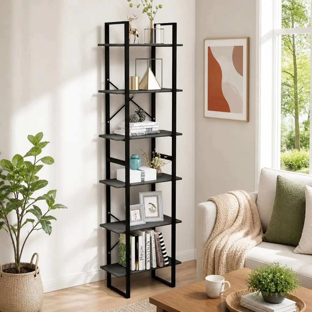 Storage Shelf Bookcase Unit Grey 60 x 30 x 210 cm for Home Kitchen Living Room