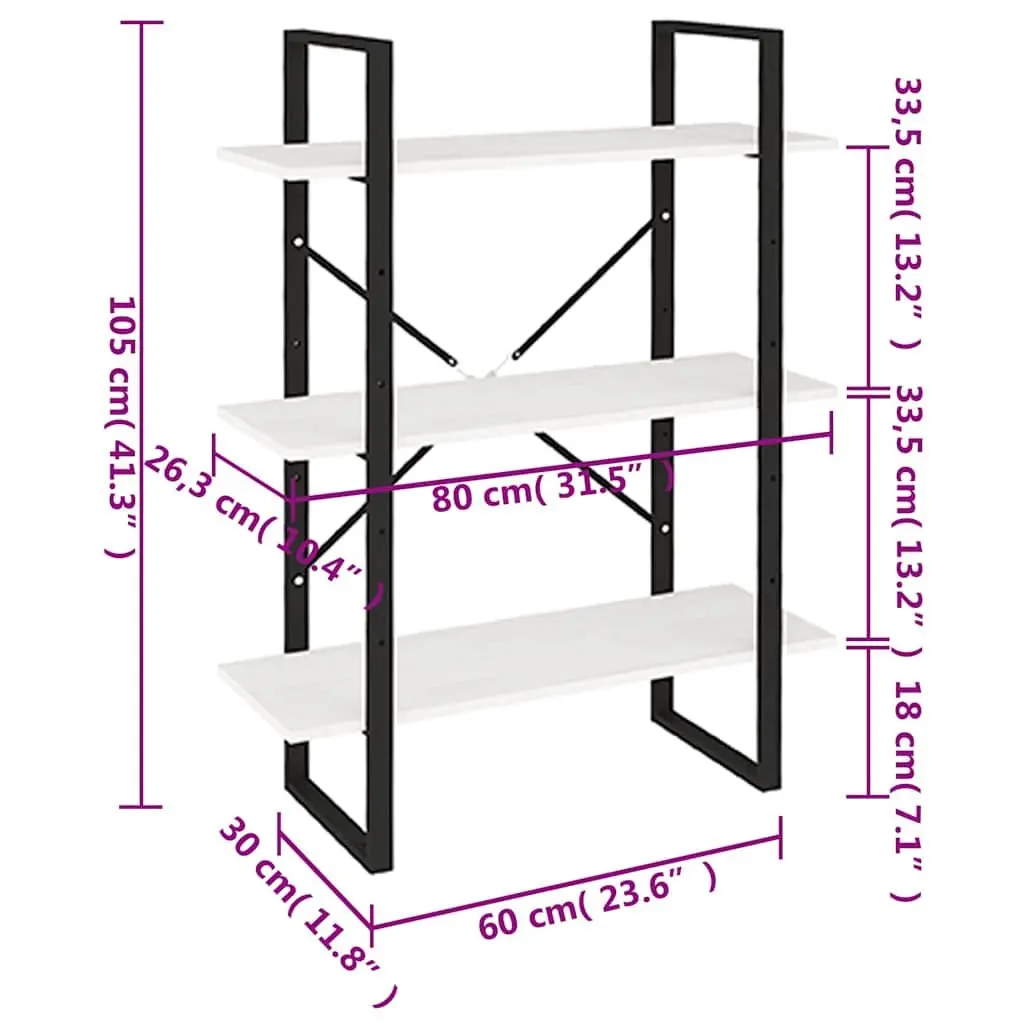 3-Tier Book Cabinet Storage Display White Solid Pine Wood Shelving Unit