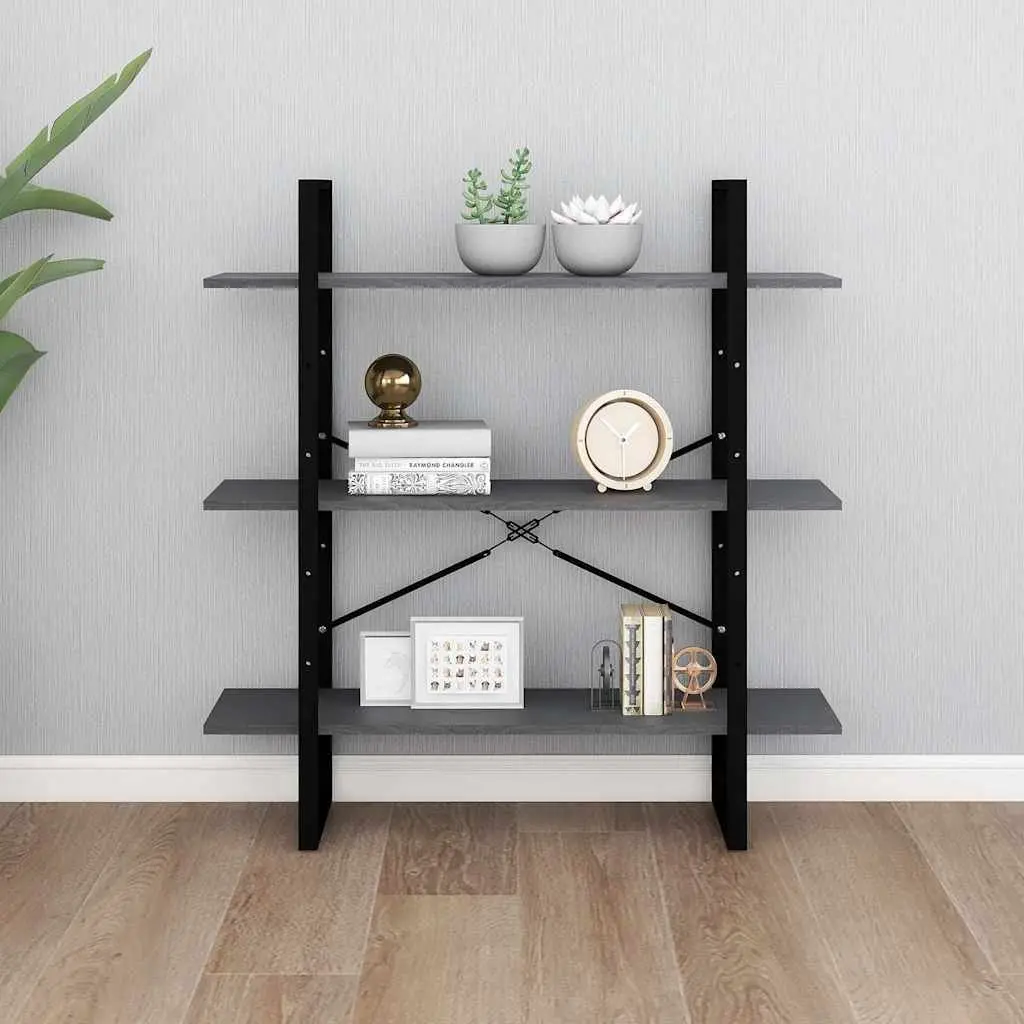 3-Tier Book Cabinet Grey Solid Pine Wood Shelving Unit Storage Display Stand
