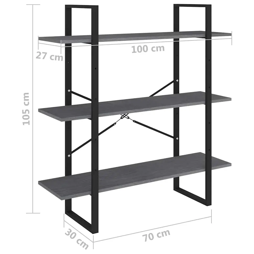 3-Tier Book Cabinet Grey Solid Pine Wood Shelving Unit Storage Display Stand