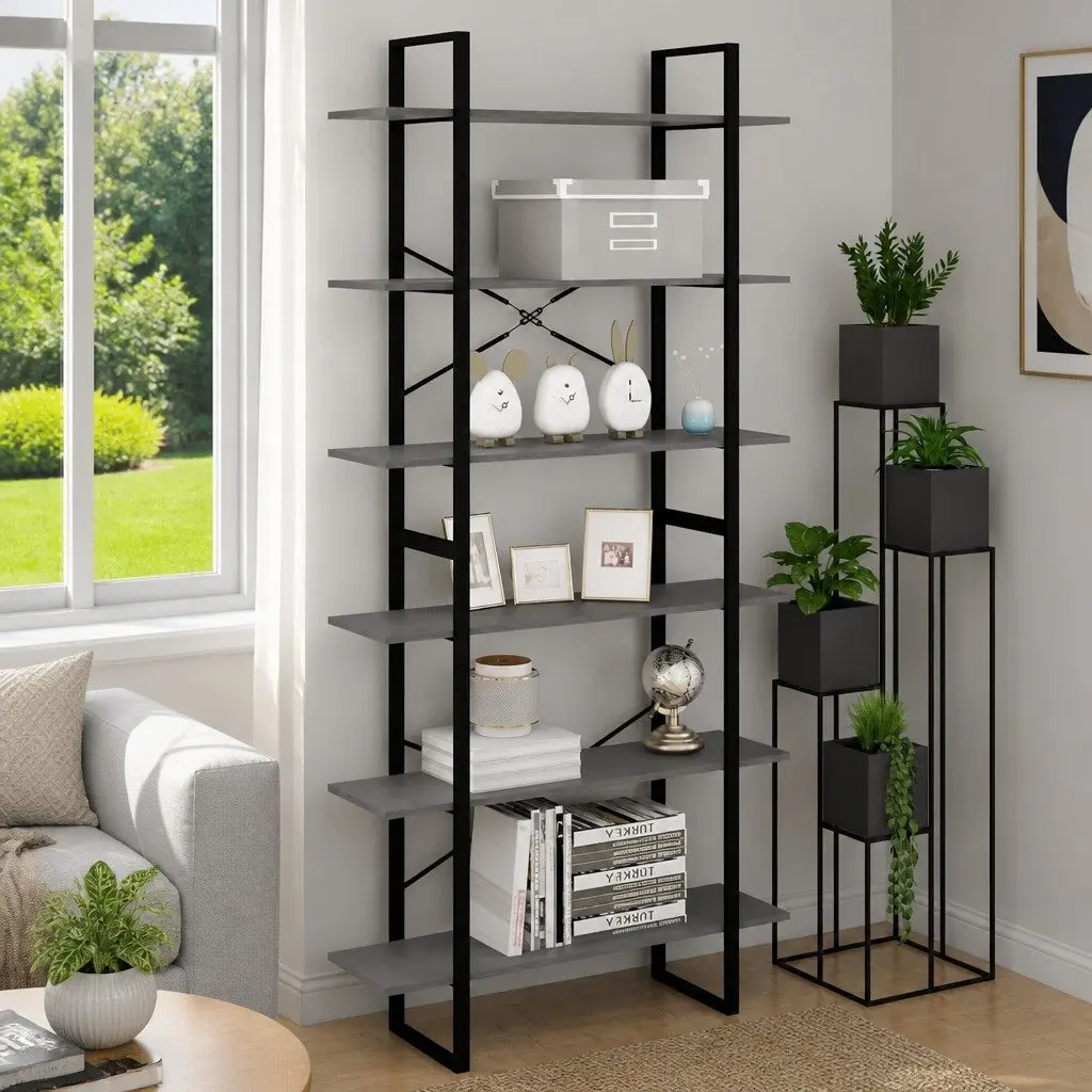 High Storage Cabinet Grey Solid Pine Wood Bookcase Display Shelving Unit