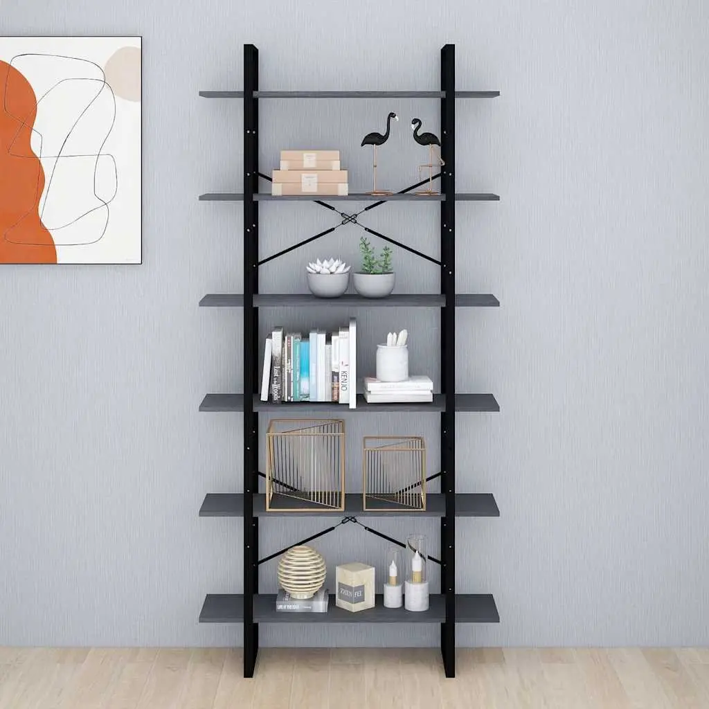 High Storage Cabinet Grey Solid Pine Wood Bookcase Display Shelving Unit