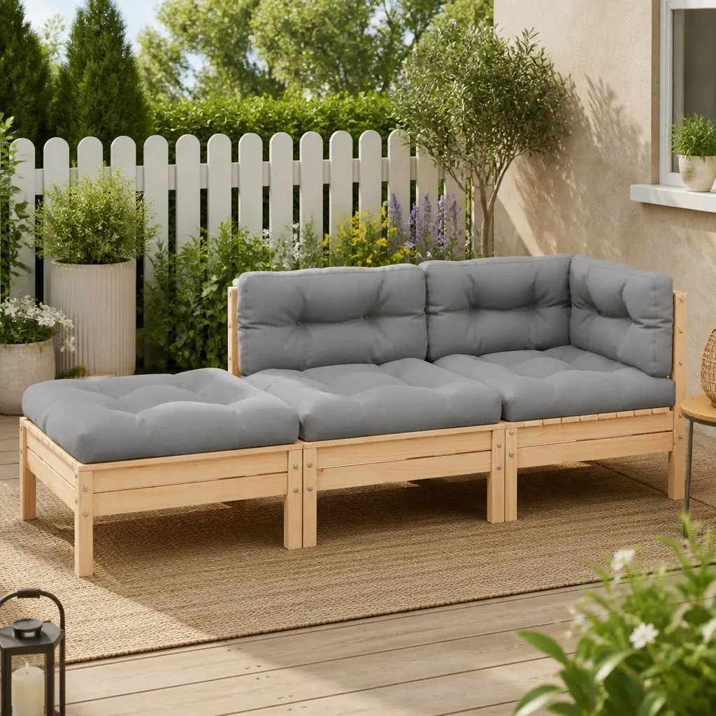 3 Piece Garden Lounge Set Outdoor Sectional Sofa Solid Pinewood Grey Cushions