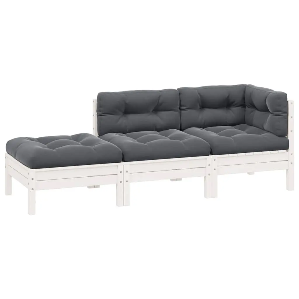 3 Piece Outdoor Garden Lounge Set Sectional Sofa Cushions White Pinewood