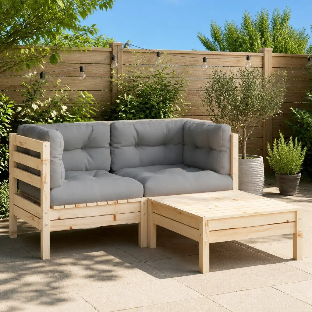 3 Piece Garden Lounge Set Outdoor Relaxation Solid Pinewood Grey Cushions