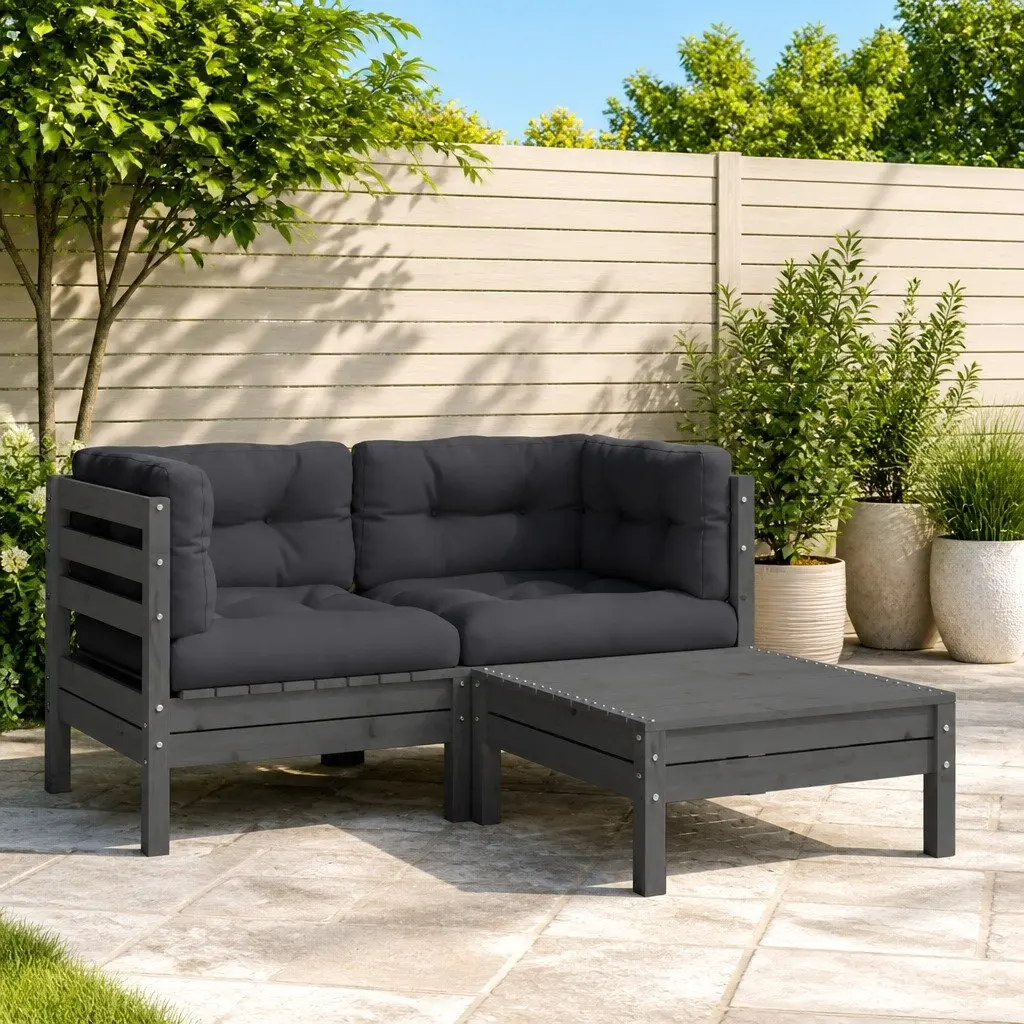 3 Piece Garden Lounge Set Outdoor Sectional Sofa with Cushions Grey