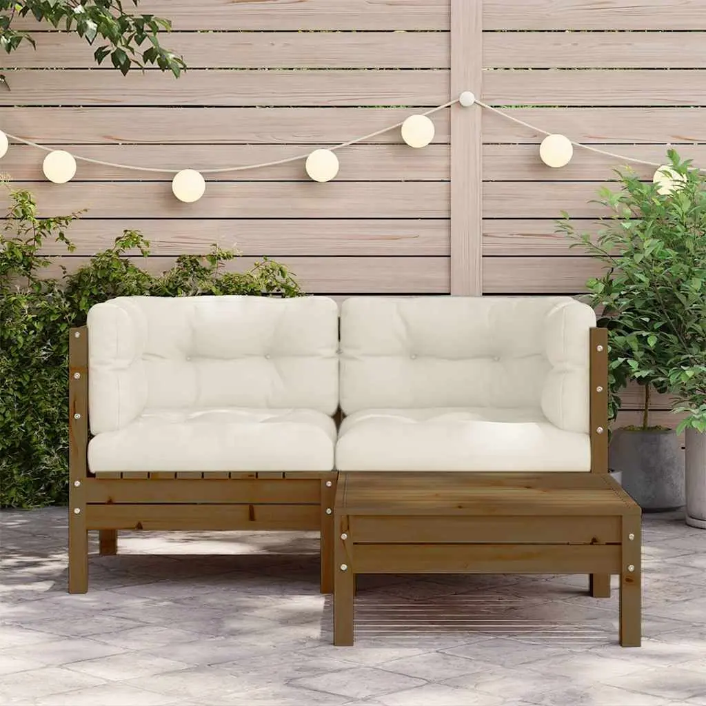 3 Piece Garden Lounge Set Outdoor Patio Sofa Set Brown Cream Cushions Pinewood