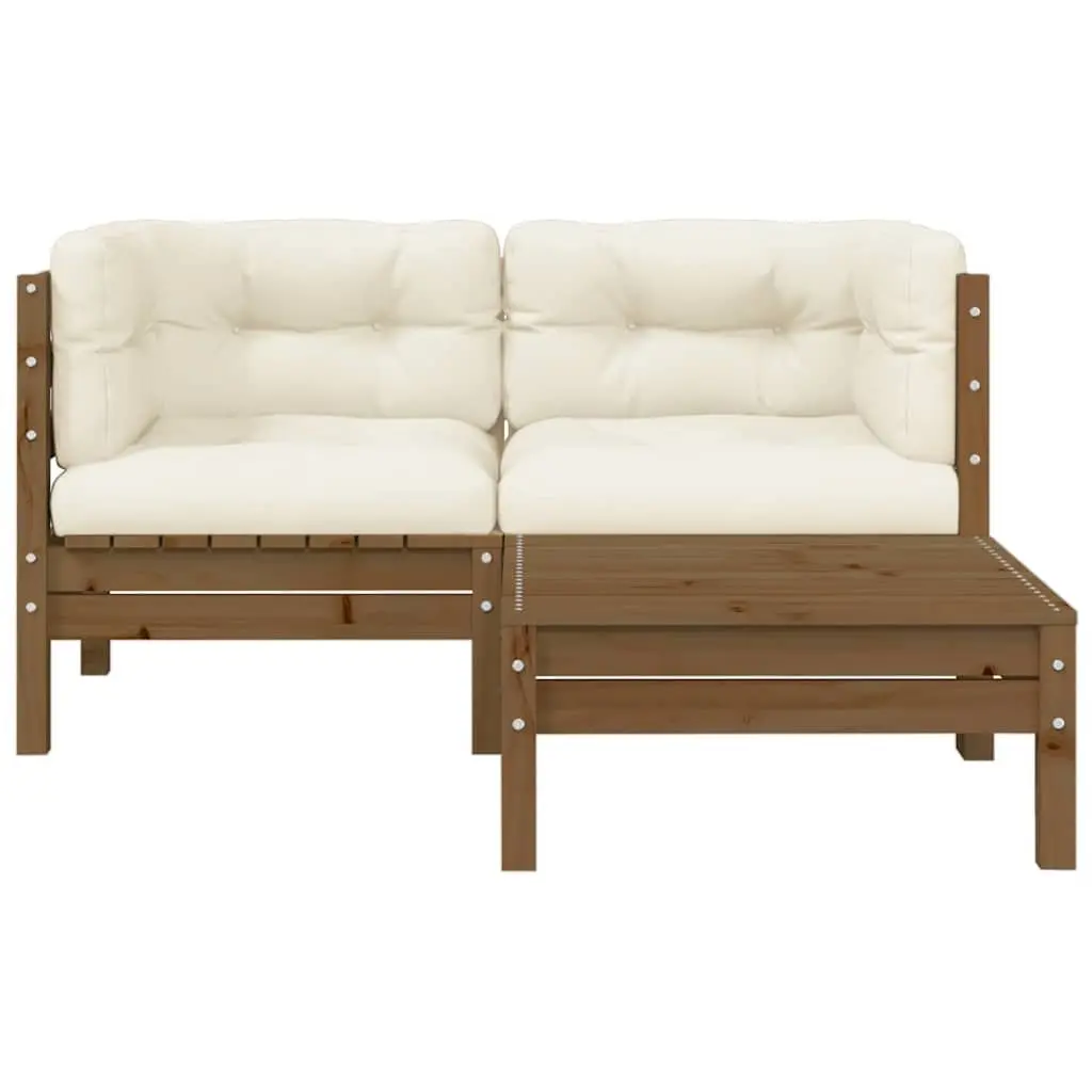 3 Piece Garden Lounge Set Outdoor Patio Sofa Set Brown Cream Cushions Pinewood