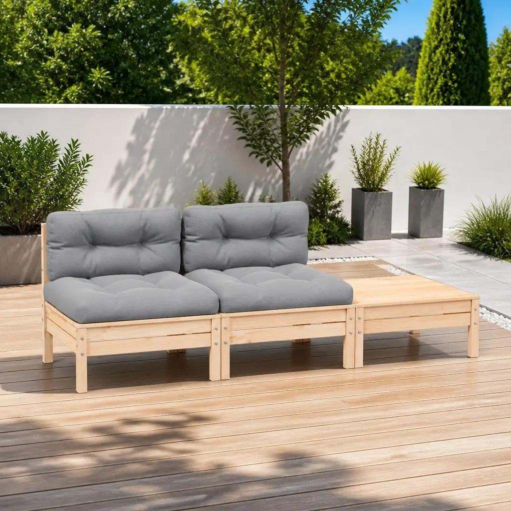 3 Piece Garden Lounge Set Outdoor Sectional Grey Cushions Solid Pinewood