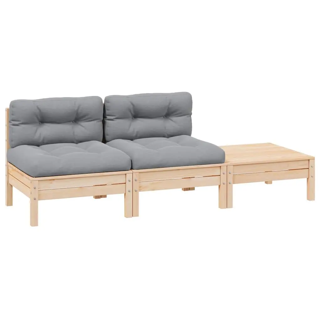 3 Piece Garden Lounge Set Outdoor Sectional Grey Cushions Solid Pinewood