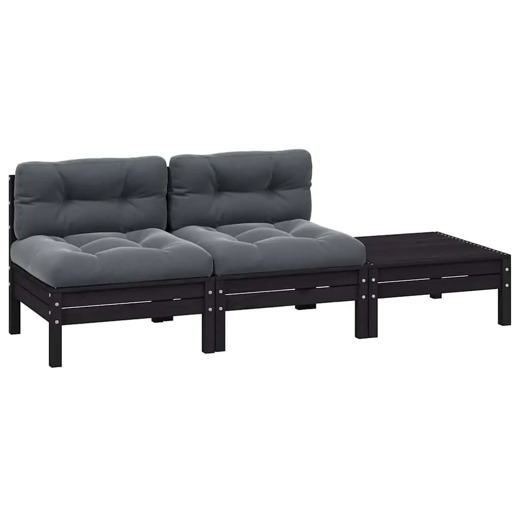 3 Piece Garden Lounge Set Outdoor Use Black Solid Pinewood with Cushions