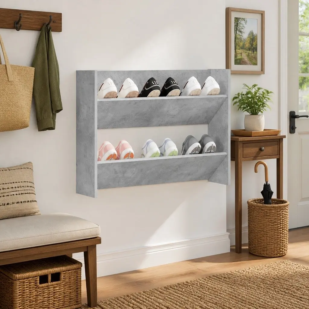 Wall Mounted Shoe Cabinet Grey Storage Organiser 80 x 18 x 60 cm