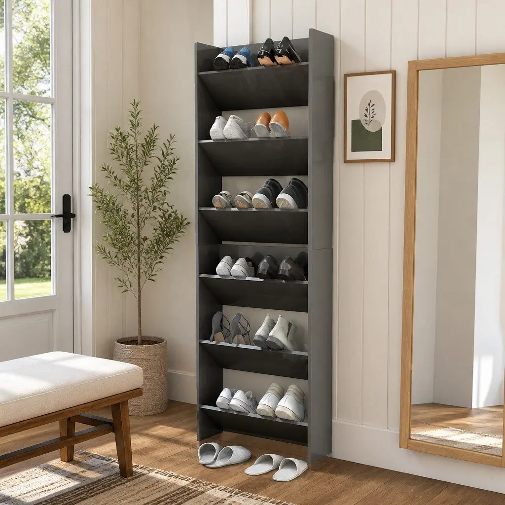 Wall Mounted Shoe Cabinet Storage Organiser 60x18x90cm Grey High Gloss 2 Piece