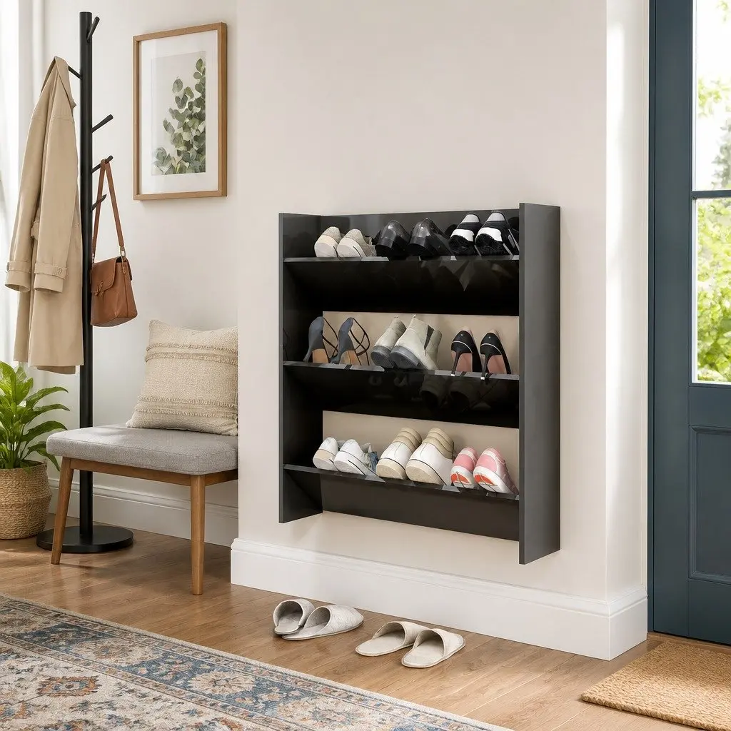Shoe Cabinet Wall Mounted Grey High Gloss Organiser with 3 Tipping Shelves for Entryway Storage