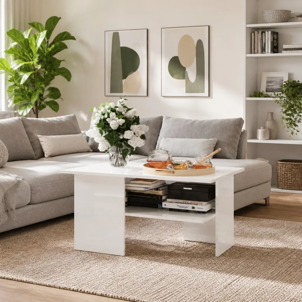 Coffee Table Storage Shelf High Gloss White 90L x 60W x 46.5H cm