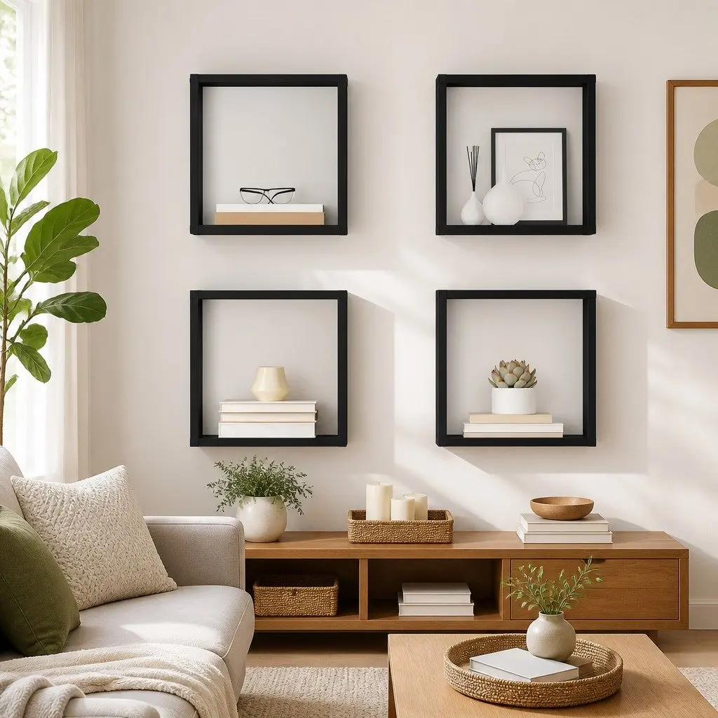 Wall Cube Shelves Set 4 Piece Floating Storage Display Organiser 30x15x30cm Grey