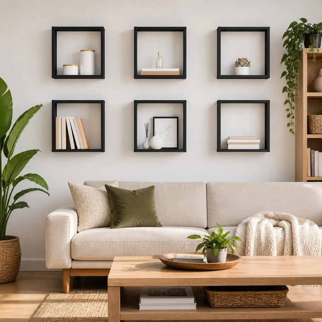 Wall Cube Shelves Set 6 Piece Floating Storage Display Organizer Grey
