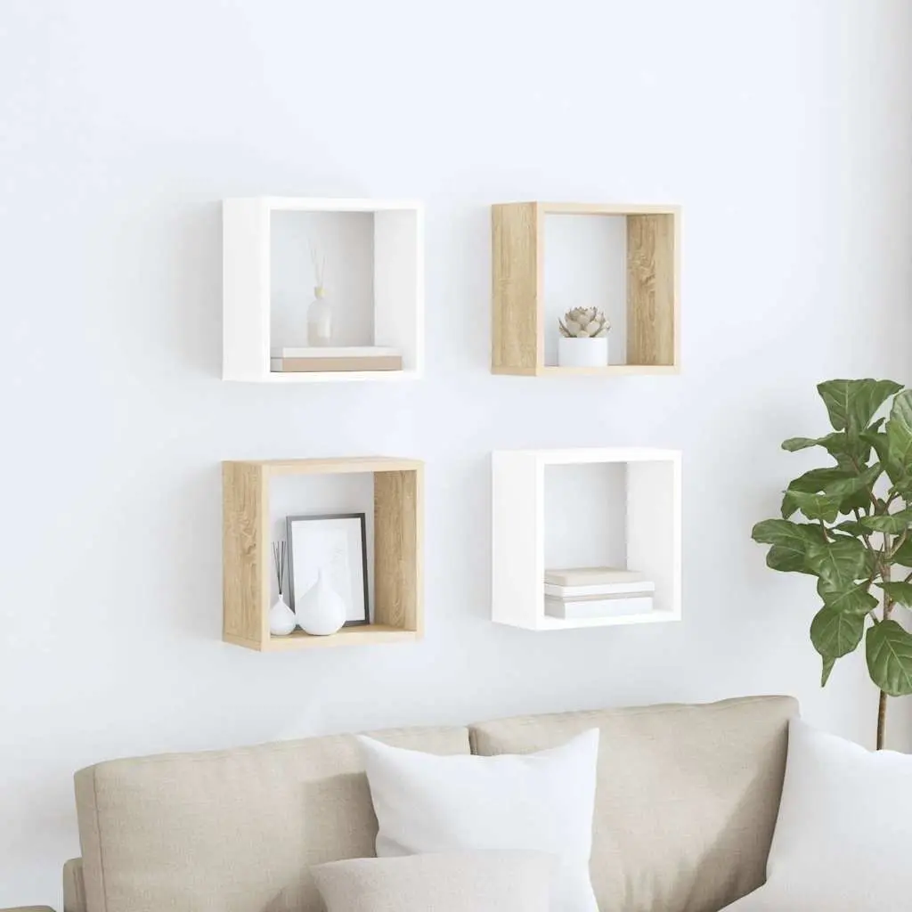 Floating Cube Shelves Set 4 Pieces Storage Display Organizer White with Sonoma Oak Accents
