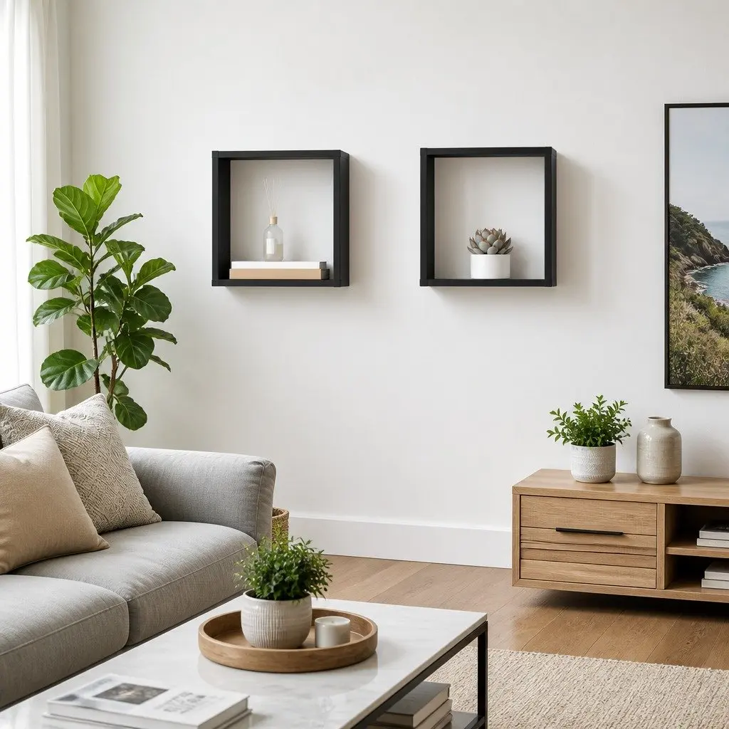 Floating Wall Shelves Set Grey Storage Display 2 Piece for Living Room Bedroom Kitchen