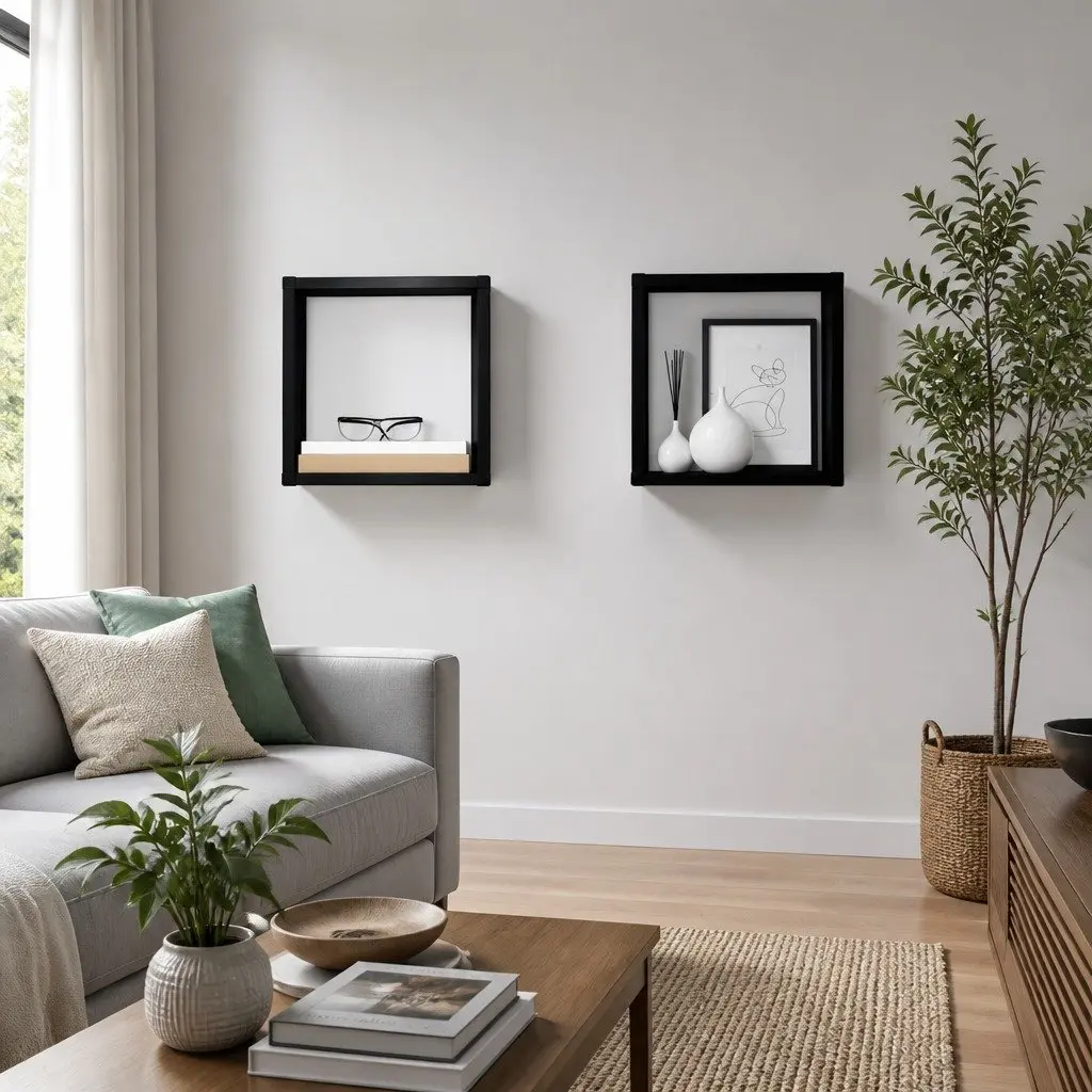 Wall Cube Shelves Set 2 pcs Black Floating Storage Display Organizer Living Room