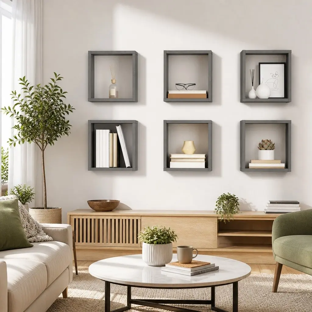 Wall Cube Shelves 6 Pieces Grey Floating Storage Display Hanging Organiser