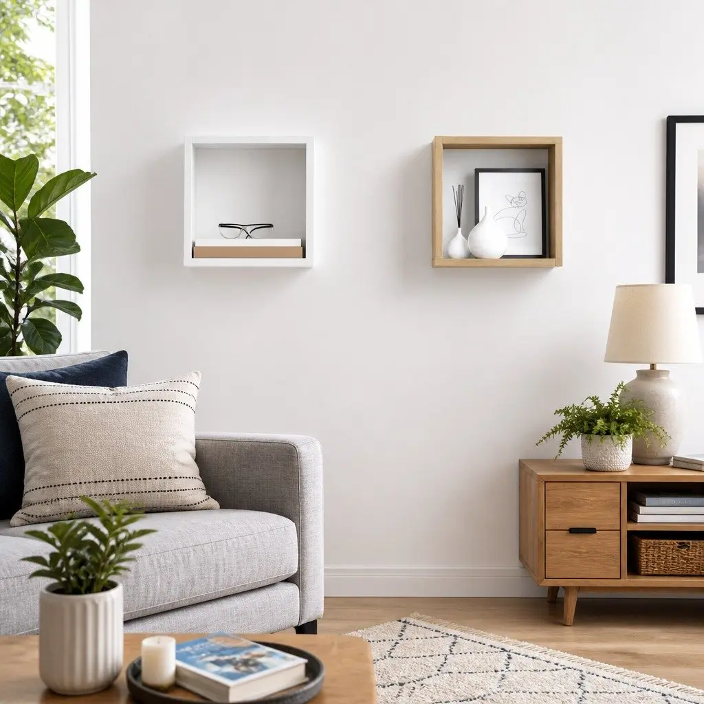 Floating Cube Shelves Set of 2 for Storage and Display White 26x15x26cm