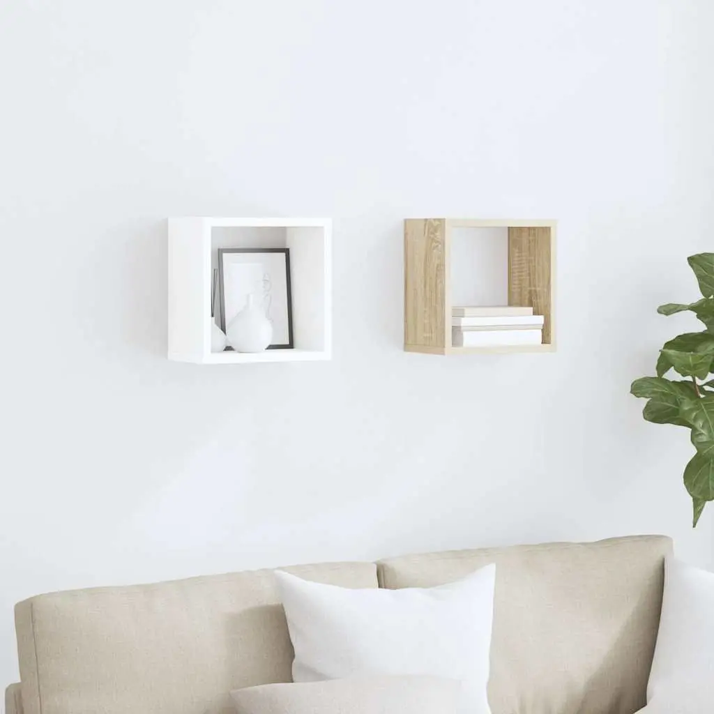 Floating Cube Shelves Set of 2 for Storage and Display White 26x15x26cm