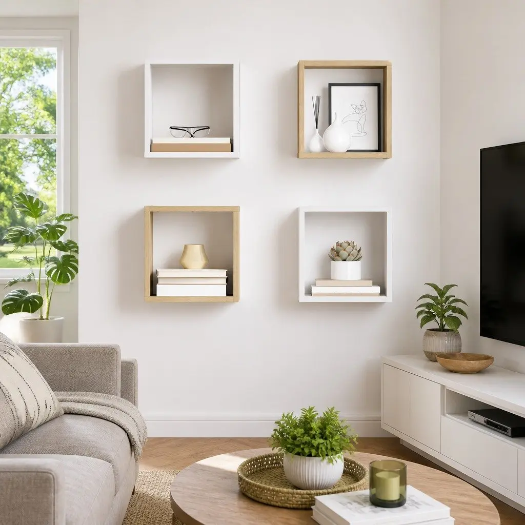 Wall Cube Shelves Storage Display Organizer 26x15x26cm White Sonoma Oak 4 Piece