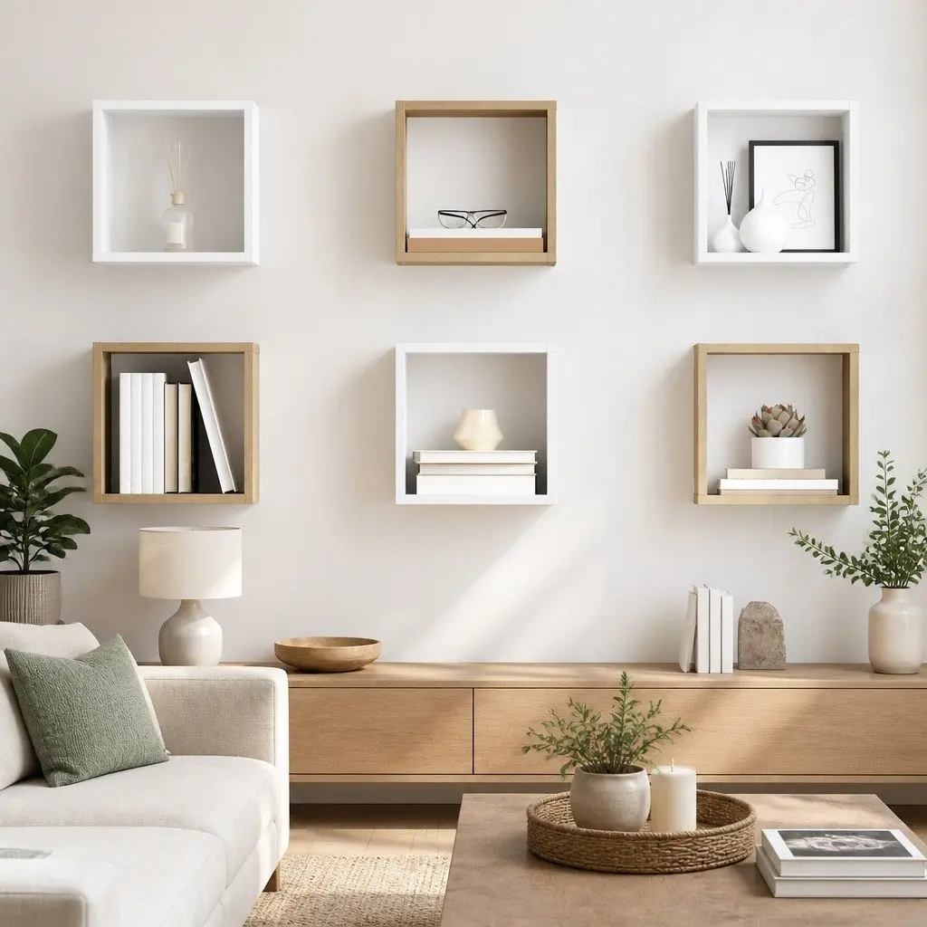 Set of 6 Floating Wall Shelves 26cm White and Sonoma Oak for Storage and Display