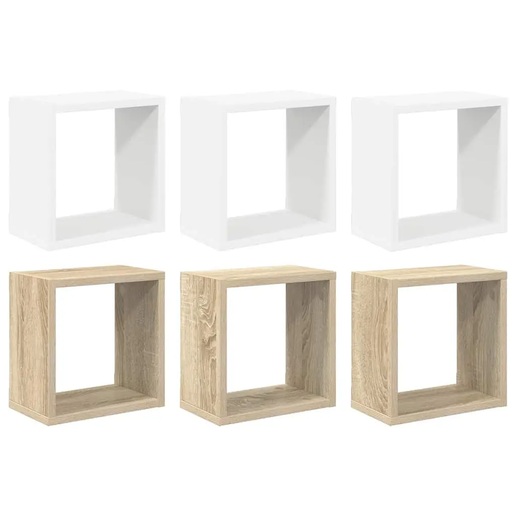 Set of 6 Floating Wall Shelves 26cm White and Sonoma Oak for Storage and Display