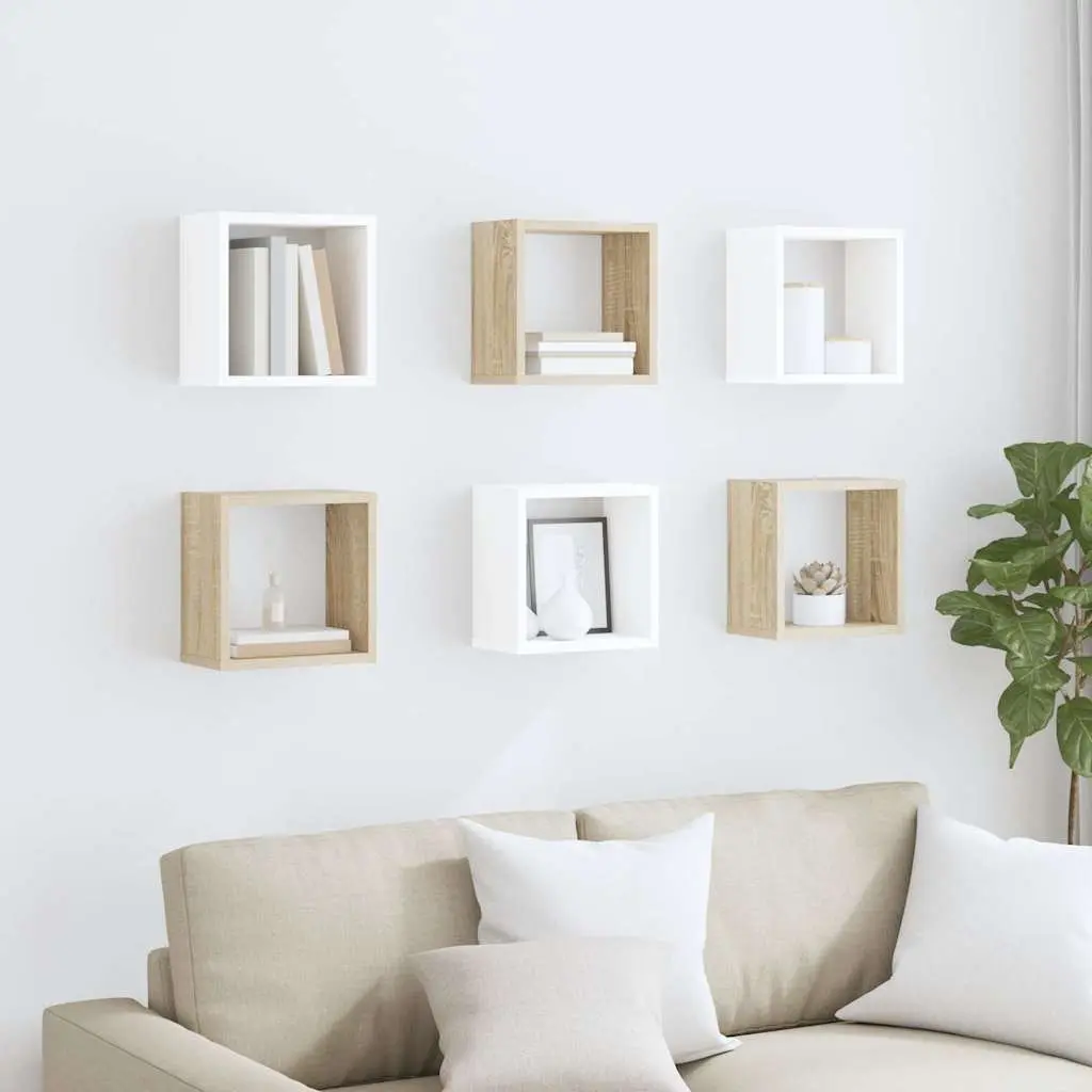 Set of 6 Floating Wall Shelves 26cm White and Sonoma Oak for Storage and Display