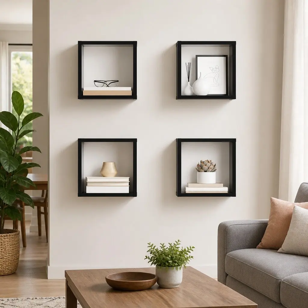 Wall Cube Shelves Floating Storage Display 26x15x26cm High Gloss Black 4 Pieces