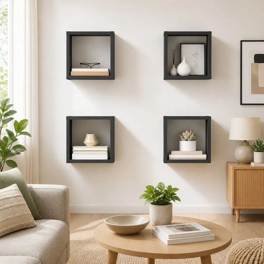 Wall Cube Shelves Set 4 Pieces Grey Floating Storage Display Home Organiser