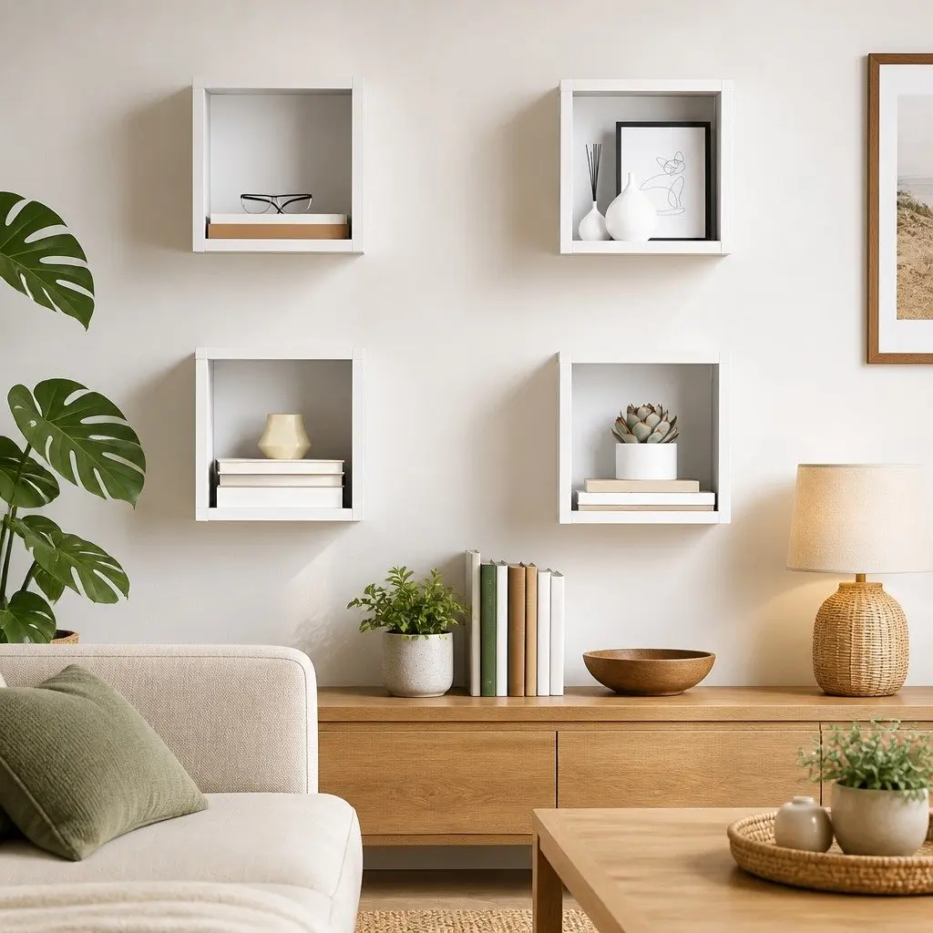4-Piece White Floating Wall Cube Shelf Set