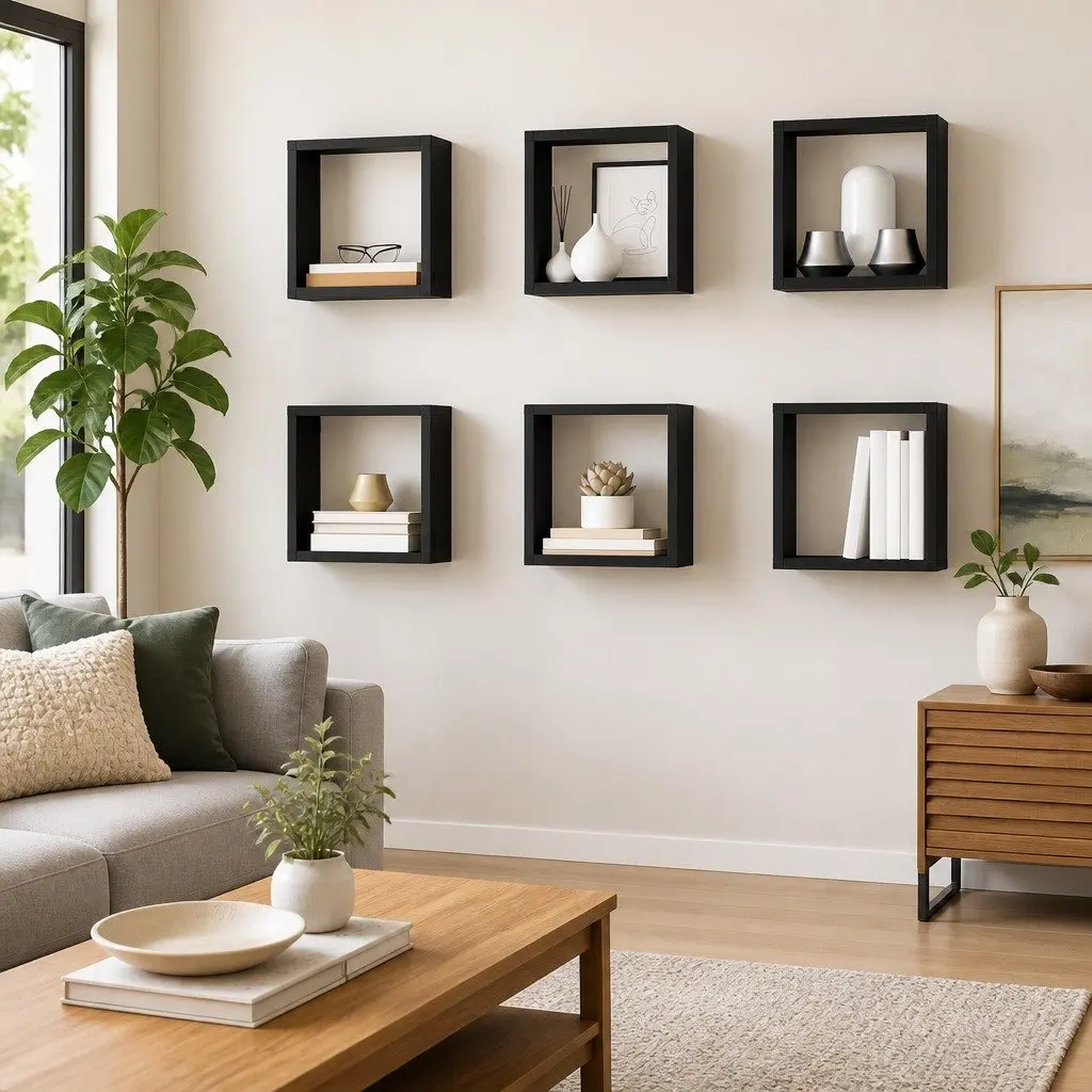 Wall Cube Shelves Floating Storage Display Grey 6 Piece Set