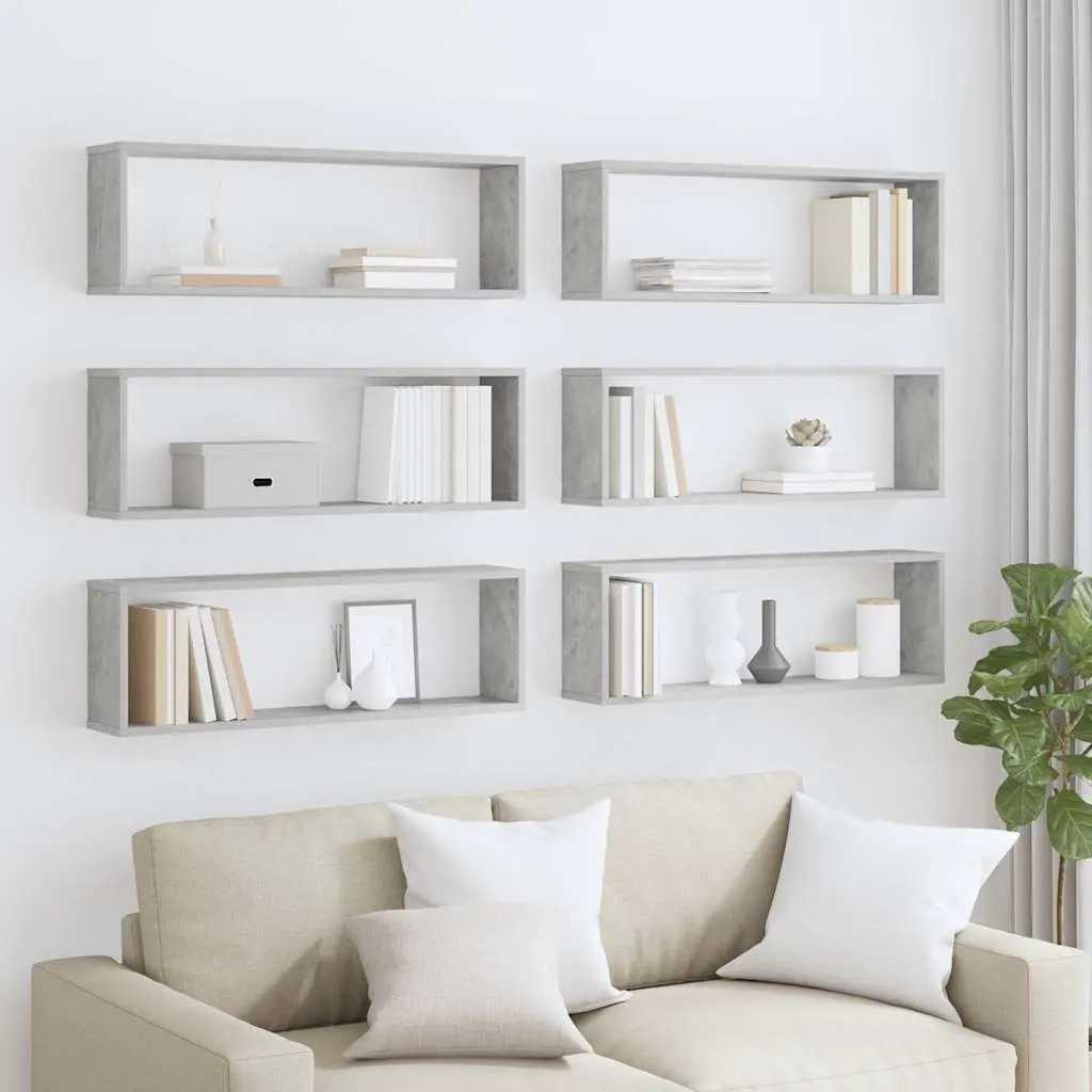Cube Shelves Set Grey Engineered Wood 6 Piece Wall Mounted Display Storage Unit