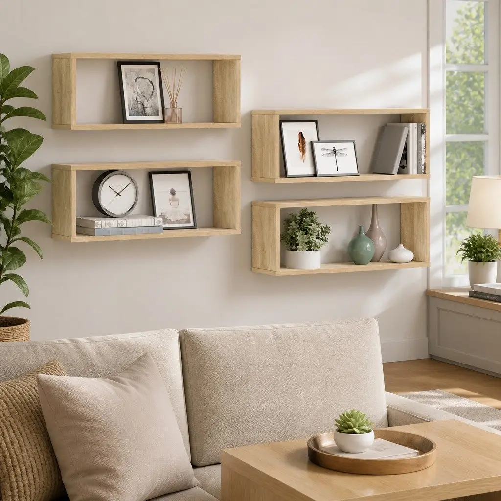 Wall Cube Shelves Storage Display Organiser Set 4 Piece Brown