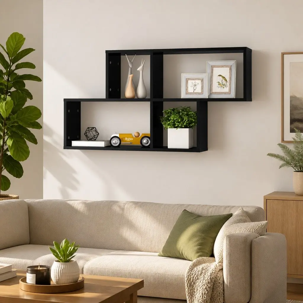 Wall Shelf Black High Gloss Display Cube Floating Storage Shelving Unit 100 x 18 x 53 cm