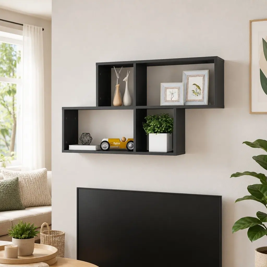 Wall Shelf Grey High Gloss Display Unit Floating Cube Storage 100 x 18 x 53 cm