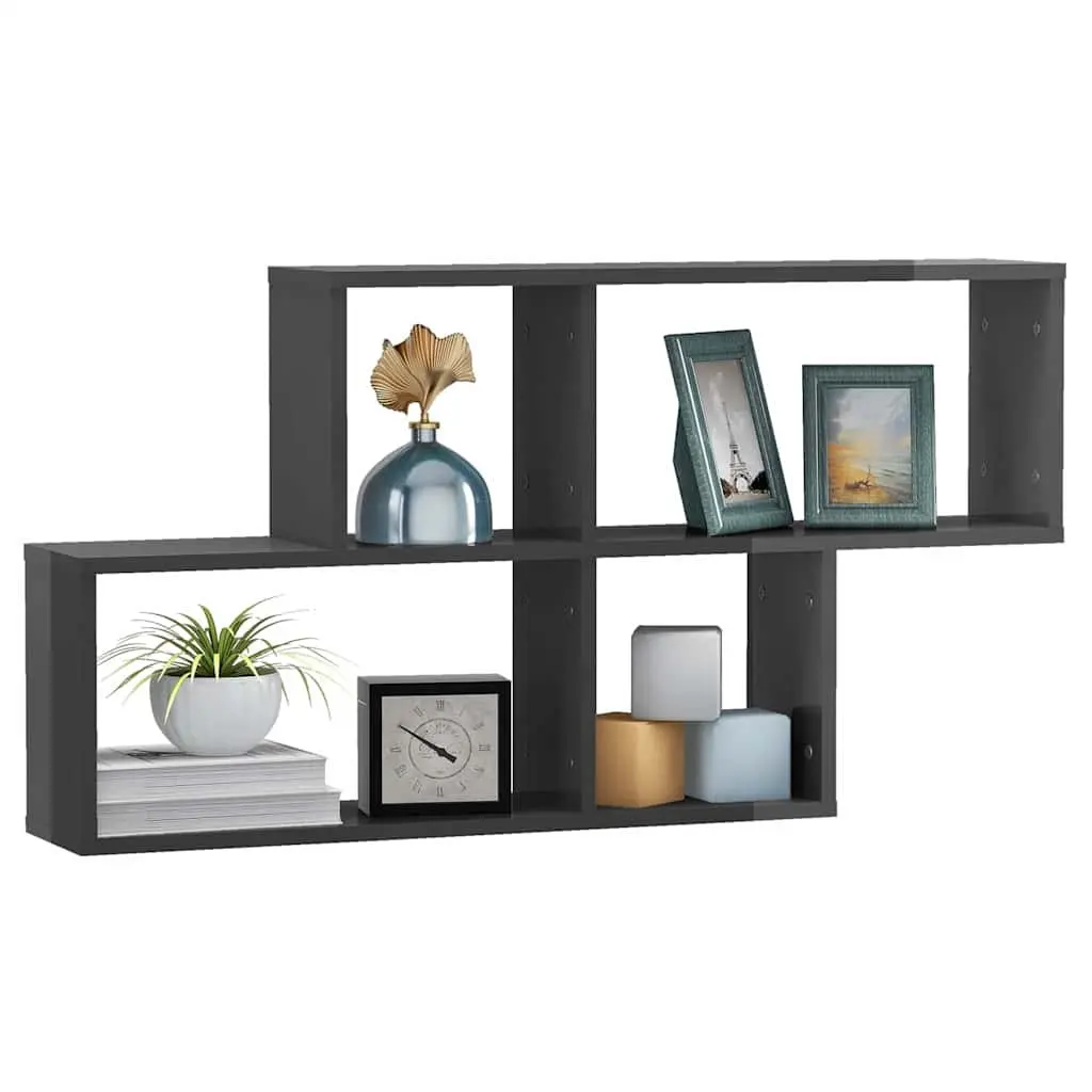 Wall Shelf Grey High Gloss Display Unit Floating Cube Storage 100 x 18 x 53 cm