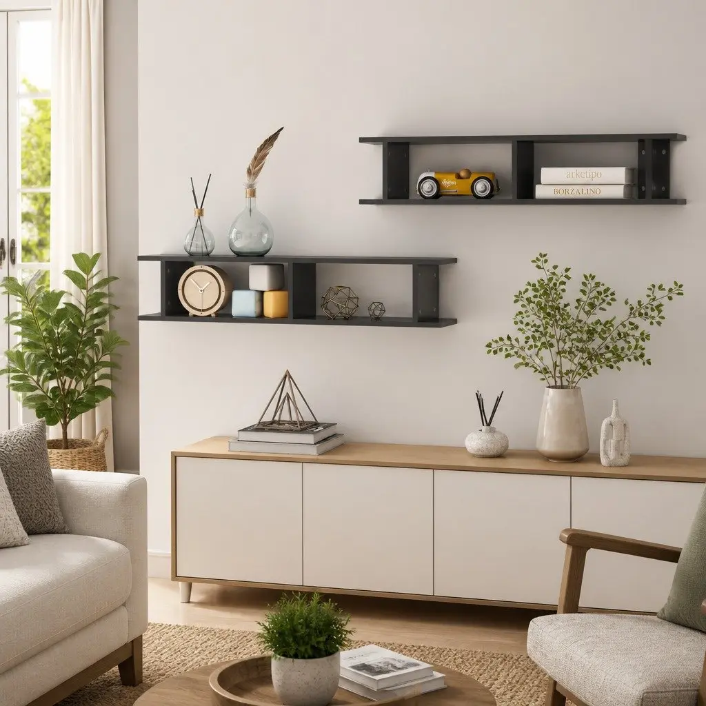 Grey Floating Cube Shelves, Easy Installation