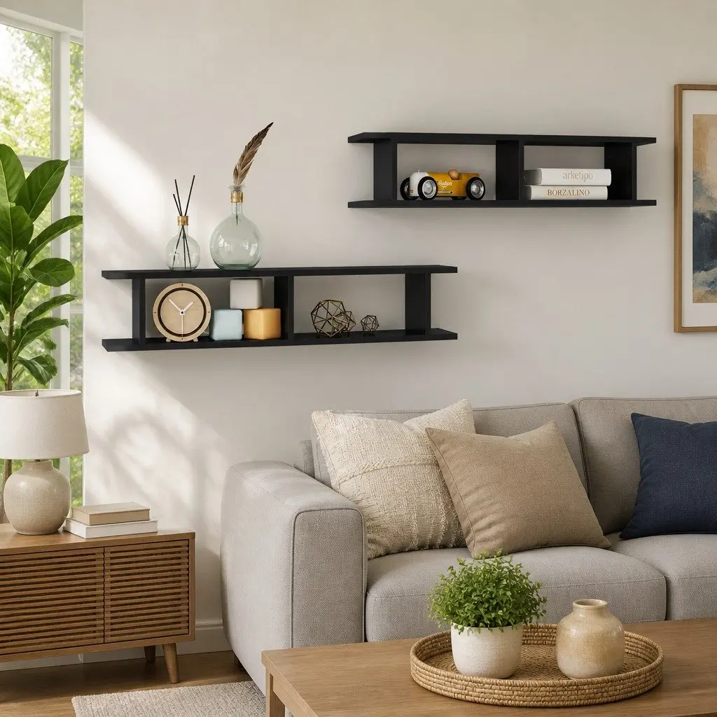 Wall Shelves Grey High Gloss Floating Shelf 2 Piece Living Room Bedroom